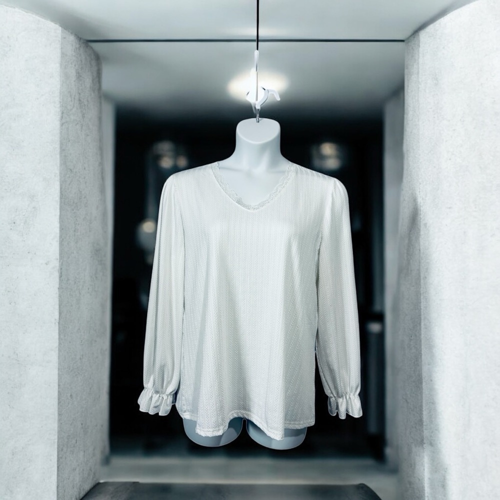NEW, White Textured Long Sleeve Blouse With Lace Trim, Size XL